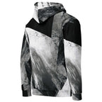 A long-sleeve hooded sweatshirt with a bold black, white, and gray abstract brushstroke and geometric pattern, shown from the back on a plain white background.