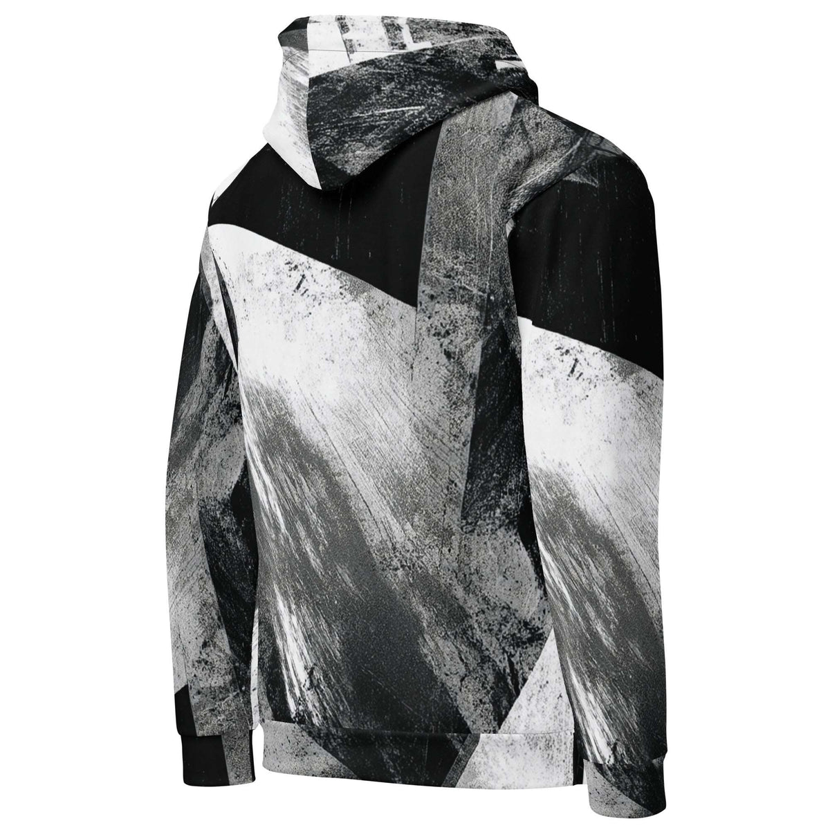 A long-sleeve hooded sweatshirt with a bold black, white, and gray abstract brushstroke and geometric pattern, shown from the back on a plain white background.