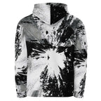 A long-sleeve pullover hoodie with a high hood, featuring a bold black and white abstract paint splatter and brushstroke pattern on a plain white background.
