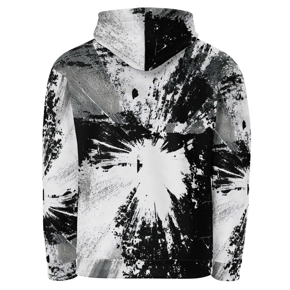 A long-sleeve pullover hoodie with a high hood, featuring a bold black and white abstract paint splatter and brushstroke pattern on a plain white background.