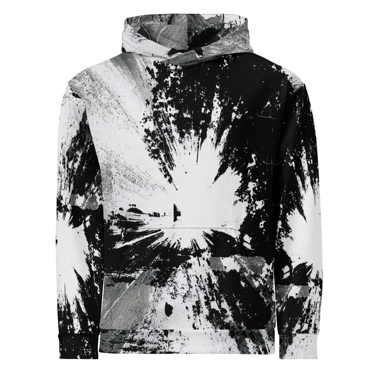 A pullover hoodie featuring a high-contrast black and white abstract paint splatter and brushstroke pattern, shown against a plain white background.