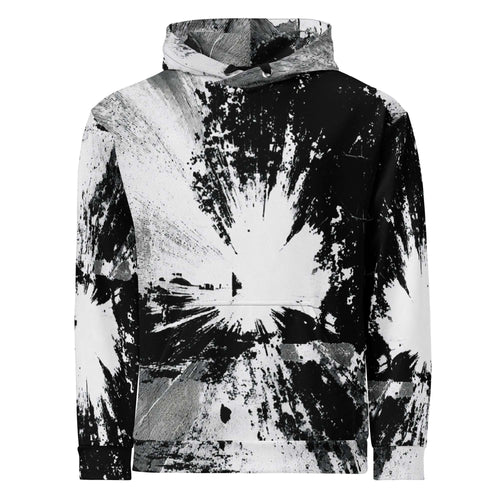 A pullover hoodie featuring a high-contrast black and white abstract paint splatter and brushstroke pattern, shown against a plain white background.