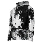 A black and white abstract print hoodie with a distressed, paint-splatter design, shown on a clean white background.