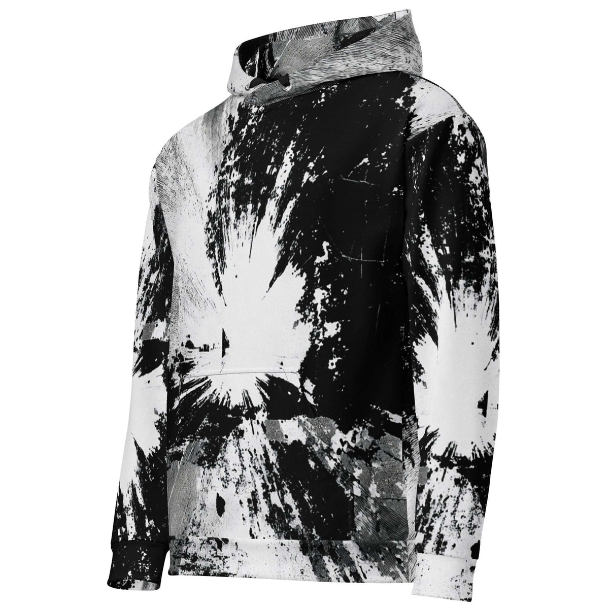 A black and white abstract print hoodie with a distressed, paint-splatter design, shown on a clean white background.
