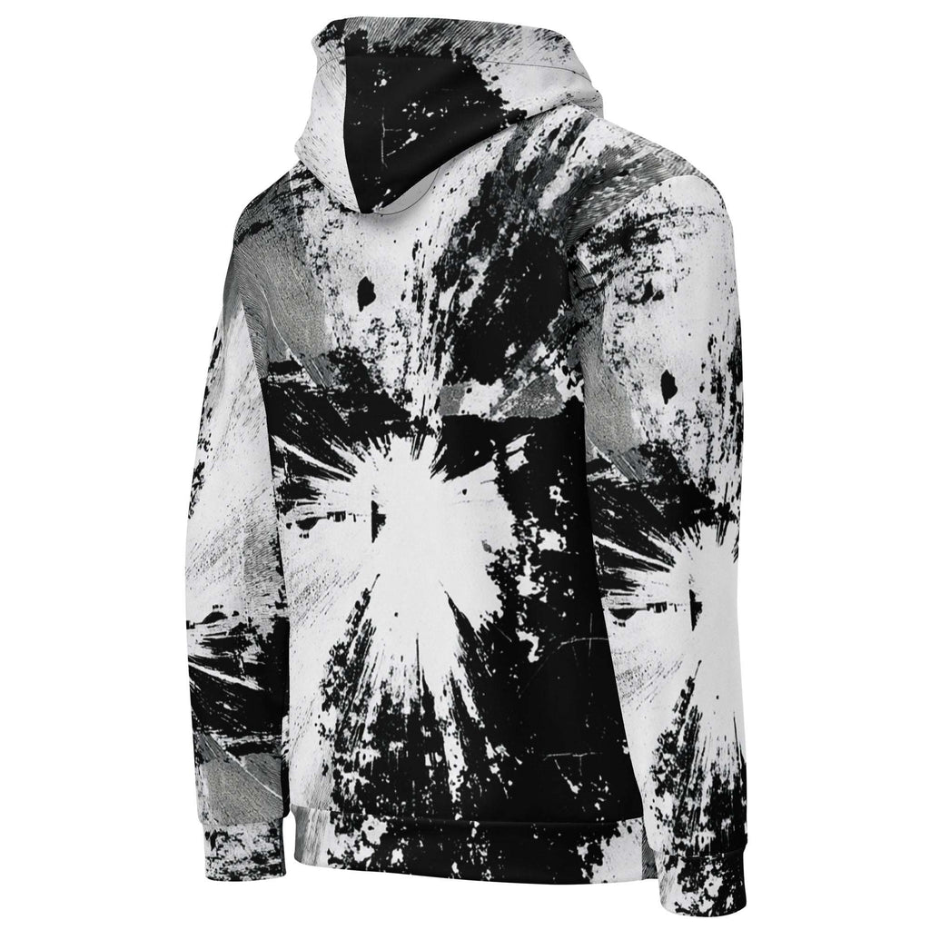 A black and white abstract paint splatter hoodie shown from the back, featuring a high collar, long sleeves, and a large central burst pattern on a plain white background.