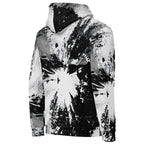A black and white abstract paint splatter hoodie shown from the back, featuring a high collar, long sleeves, and a large central burst pattern on a plain white background.