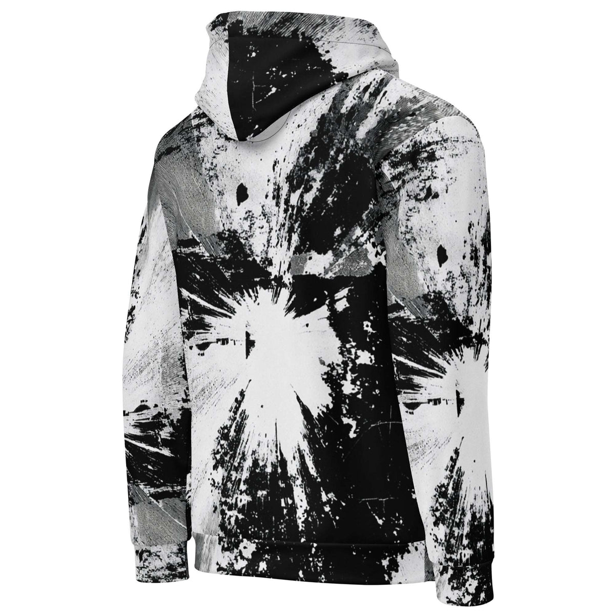 A black and white abstract paint splatter hoodie shown from the back, featuring a high collar, long sleeves, and a large central burst pattern on a plain white background.
