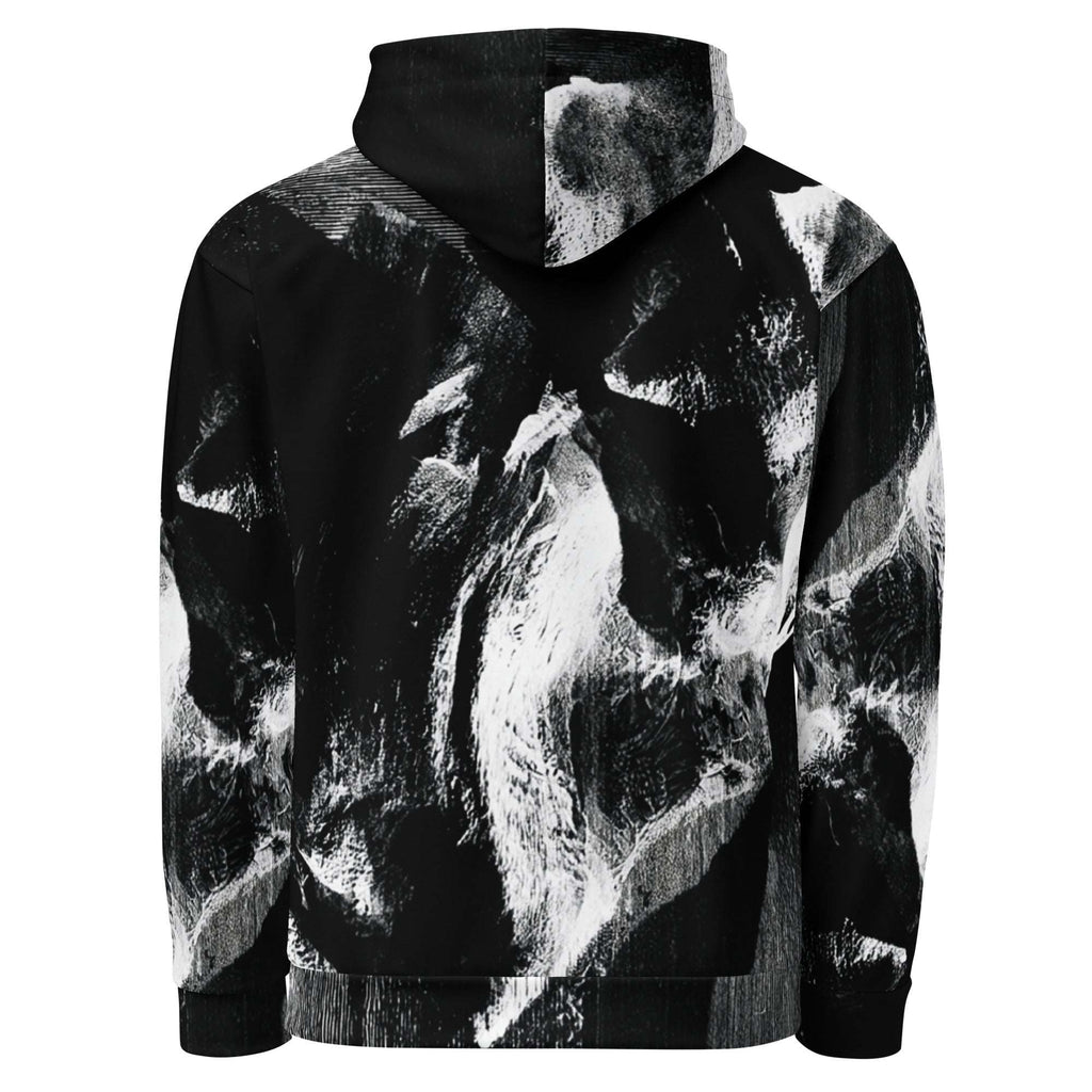 A black and white abstract art print hoodie shown from the back, featuring a textured, painterly design on a solid white background.