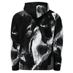 A black and white abstract art print hoodie shown from the back, featuring a textured, painterly design on a solid white background.