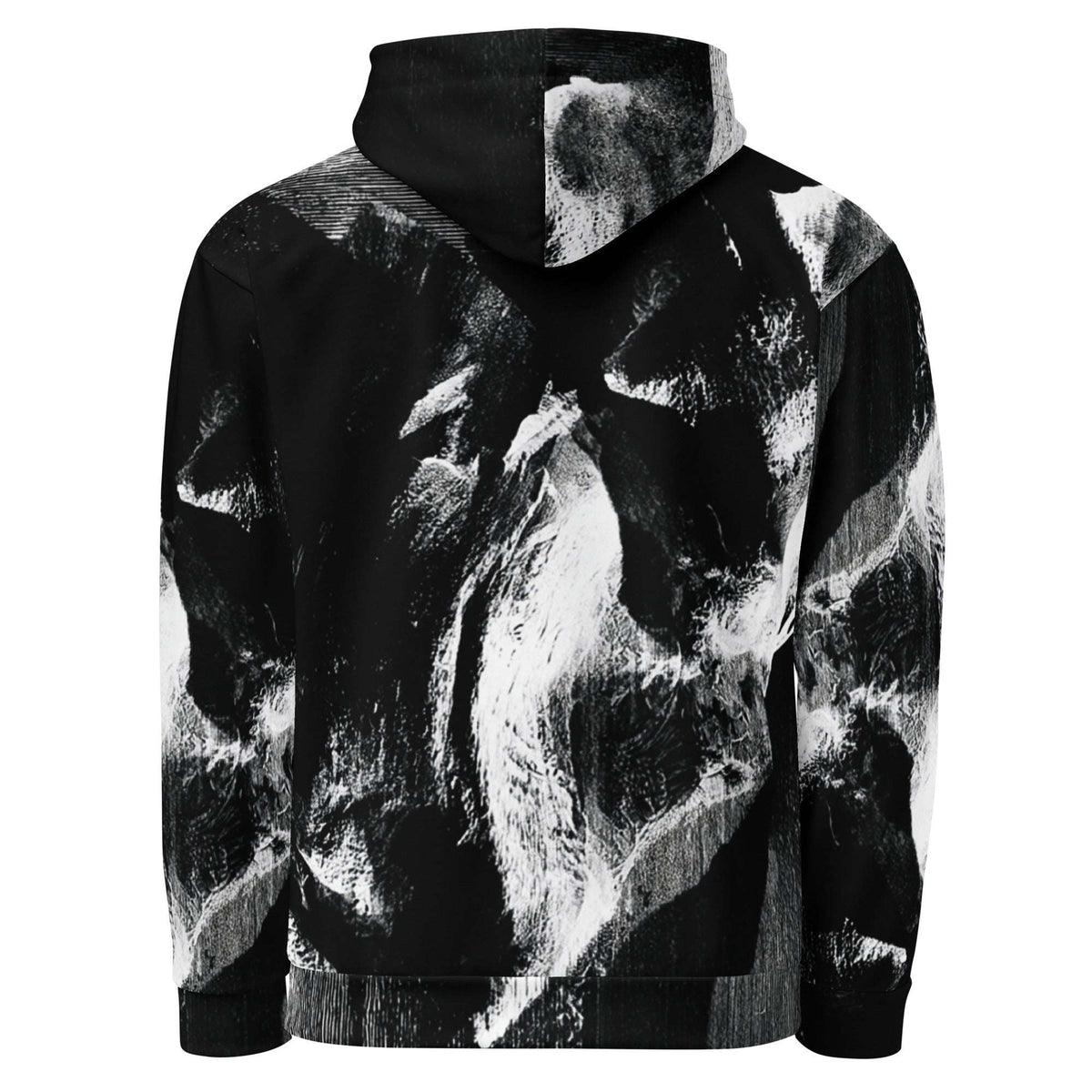 A black and white abstract art print hoodie shown from the back, featuring a textured, painterly design on a solid white background.