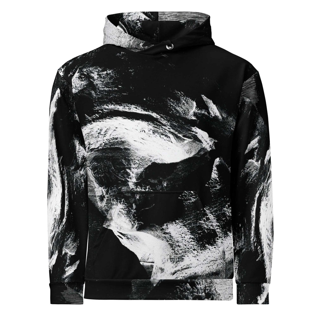 A black pullover hoodie featuring a high-contrast black and white abstract brushstroke print across the entire garment, shown against a plain white background.