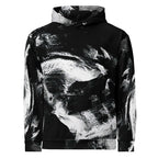 A black pullover hoodie featuring a high-contrast black and white abstract brushstroke print across the entire garment, shown against a plain white background.