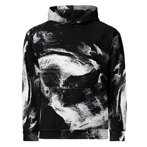 A black pullover hoodie featuring a high-contrast black and white abstract brushstroke print across the entire garment, shown against a plain white background.