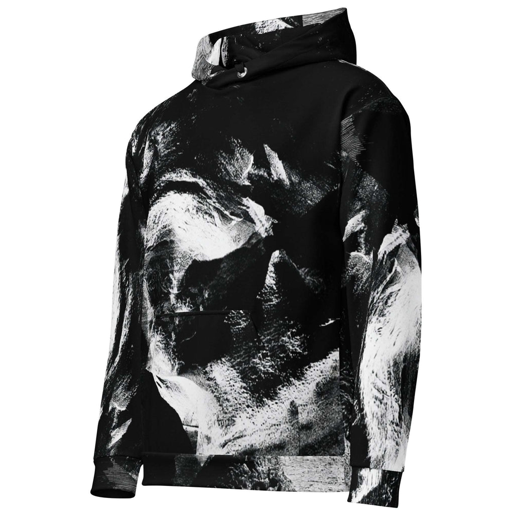 A black pullover hoodie featuring a large, high-contrast black and white abstract brushstroke print across the front, sleeves, and hood, shown on a plain white background.