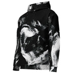 A black pullover hoodie featuring a large, high-contrast black and white abstract brushstroke print across the front, sleeves, and hood, shown on a plain white background.