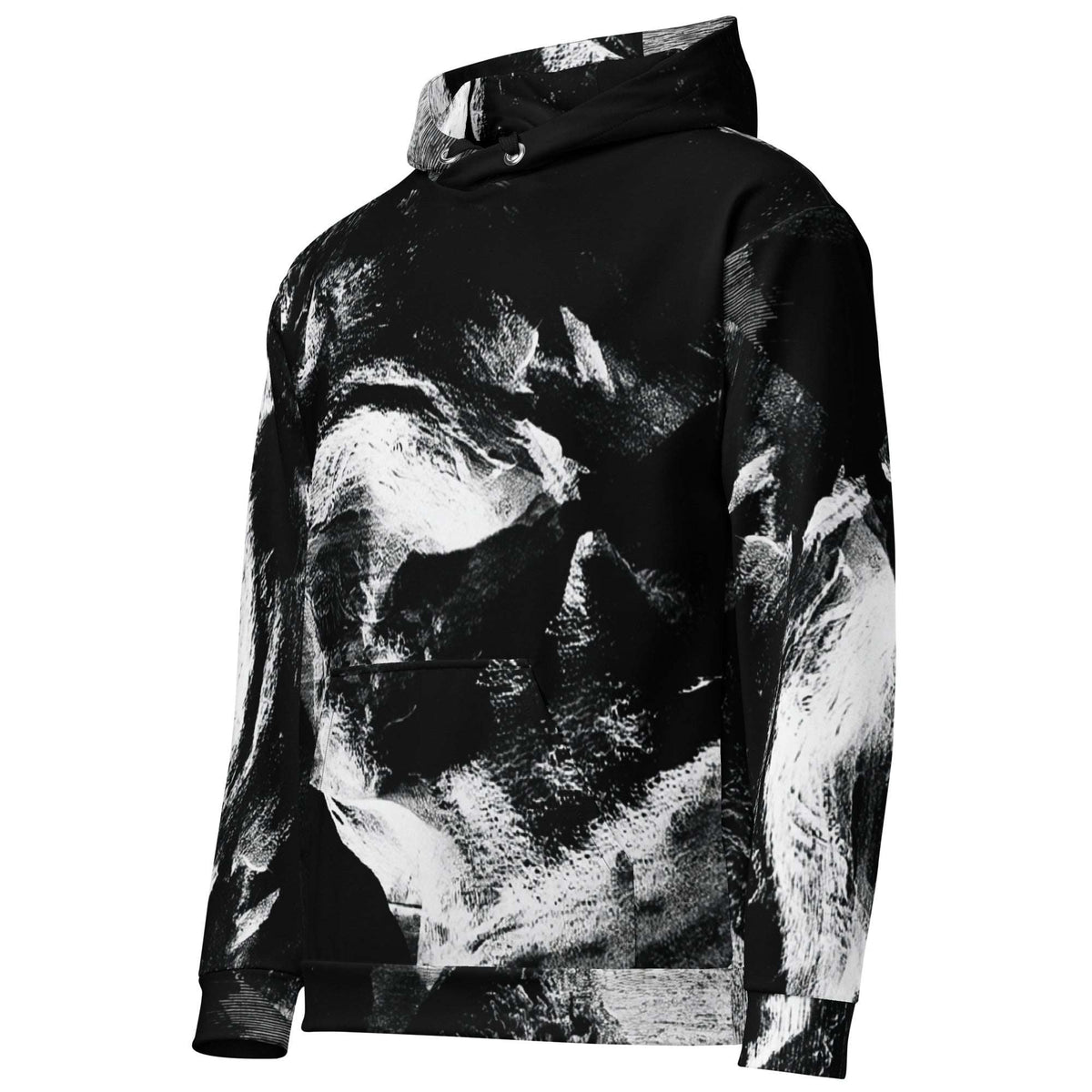 A black pullover hoodie featuring a large, high-contrast black and white abstract brushstroke print across the front, sleeves, and hood, shown on a plain white background.