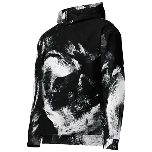 A black pullover hoodie featuring a large, high-contrast black and white abstract brushstroke print across the front, sleeves, and hood, shown on a plain white background.