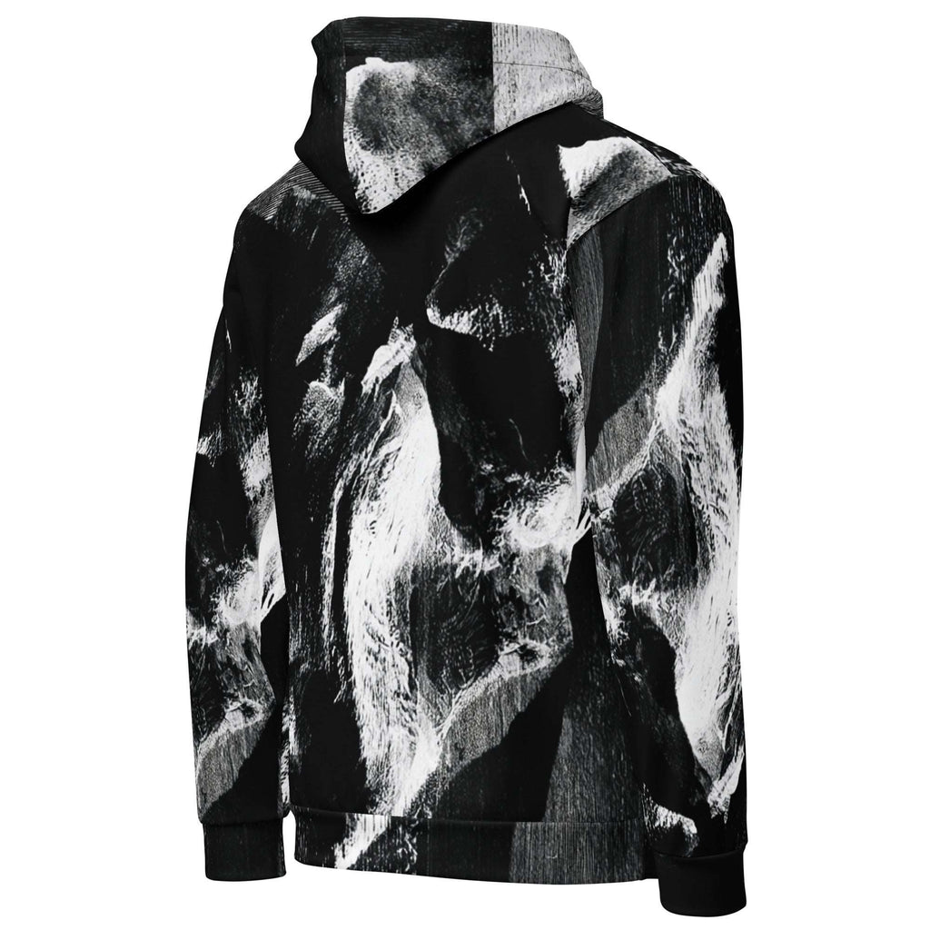 A black and white abstract patterned hoodie shown from the back, featuring a high collar, long sleeves, and ribbed cuffs and hem, set against a plain white background.