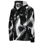 A black and white abstract patterned hoodie shown from the back, featuring a high collar, long sleeves, and ribbed cuffs and hem, set against a plain white background.