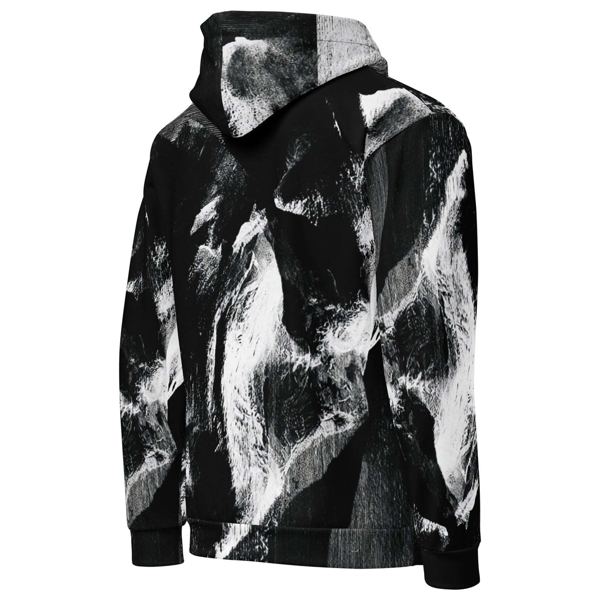 A black and white abstract patterned hoodie shown from the back, featuring a high collar, long sleeves, and ribbed cuffs and hem, set against a plain white background.
