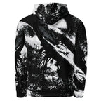 A black and white pullover hoodie featuring an all-over abstract forest or tree print, shown against a plain white background.