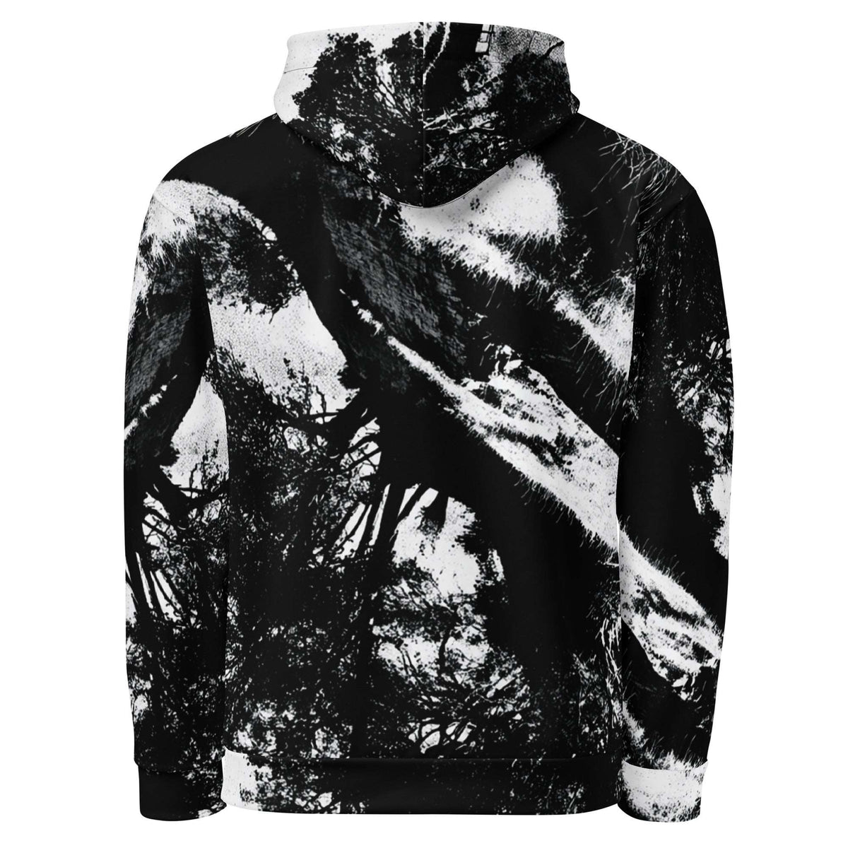 A black and white pullover hoodie featuring an all-over abstract forest or tree print, shown against a plain white background.