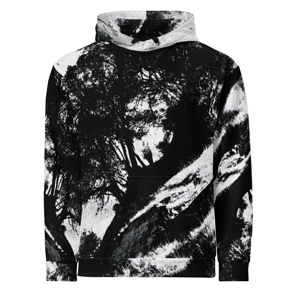 A black and white tie-dye pullover hoodie featuring an abstract forest tree pattern, shown against a plain white background.