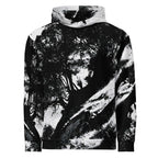 A black and white tie-dye pullover hoodie featuring an abstract forest tree pattern, shown against a plain white background.