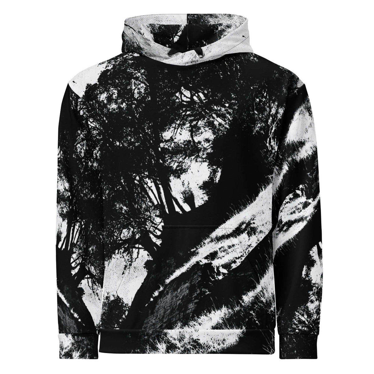A black and white tie-dye pullover hoodie featuring an abstract forest tree pattern, shown against a plain white background.