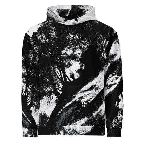 A black and white tie-dye pullover hoodie featuring an abstract forest tree pattern, shown against a plain white background.