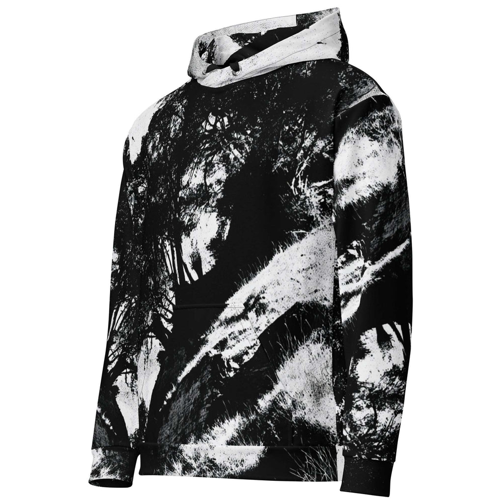 A black and white abstract photographic print hoodie with a kangaroo pocket and drawstring hood, shown on a plain white background.