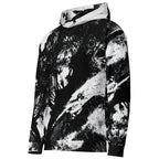 A black and white abstract photographic print hoodie with a kangaroo pocket and drawstring hood, shown on a plain white background.