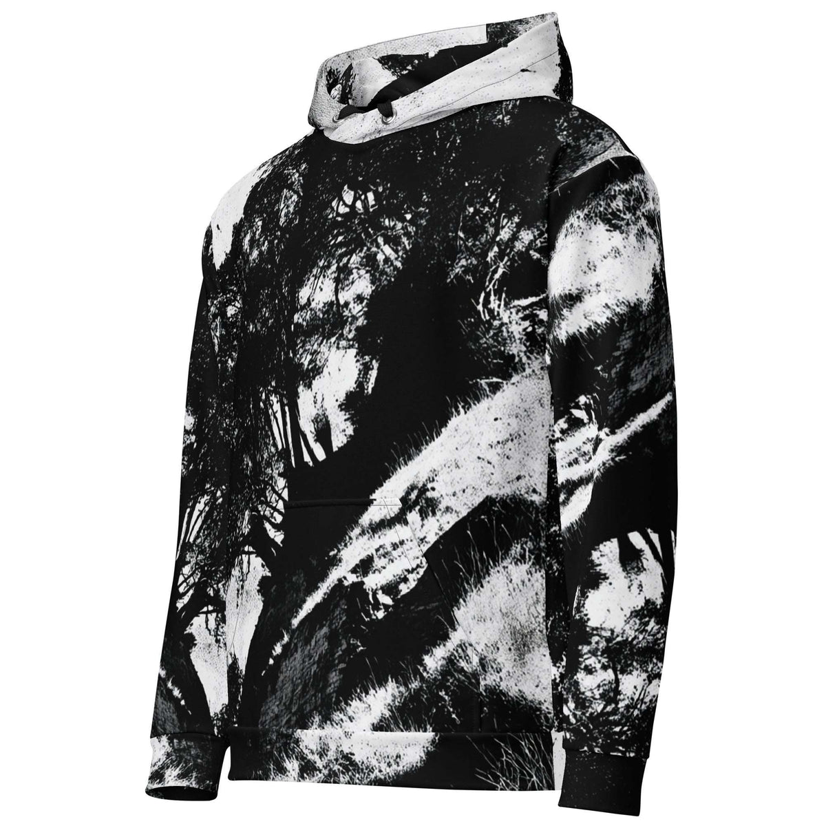 A black and white abstract photographic print hoodie with a kangaroo pocket and drawstring hood, shown on a plain white background.