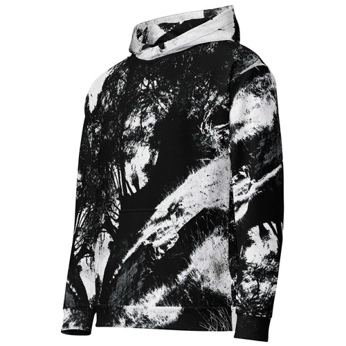 A black and white abstract photographic print hoodie with a kangaroo pocket and drawstring hood, shown on a plain white background.