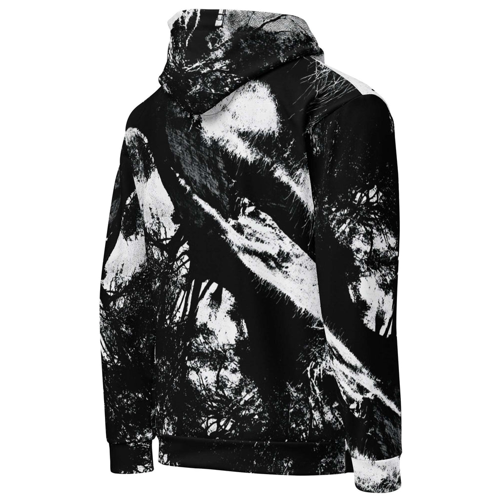 A black and white hooded sweatshirt with an abstract, high-contrast brushstroke or tree-like print, shown from the back on a plain white background.