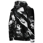 A black and white hooded sweatshirt with an abstract, high-contrast brushstroke or tree-like print, shown from the back on a plain white background.