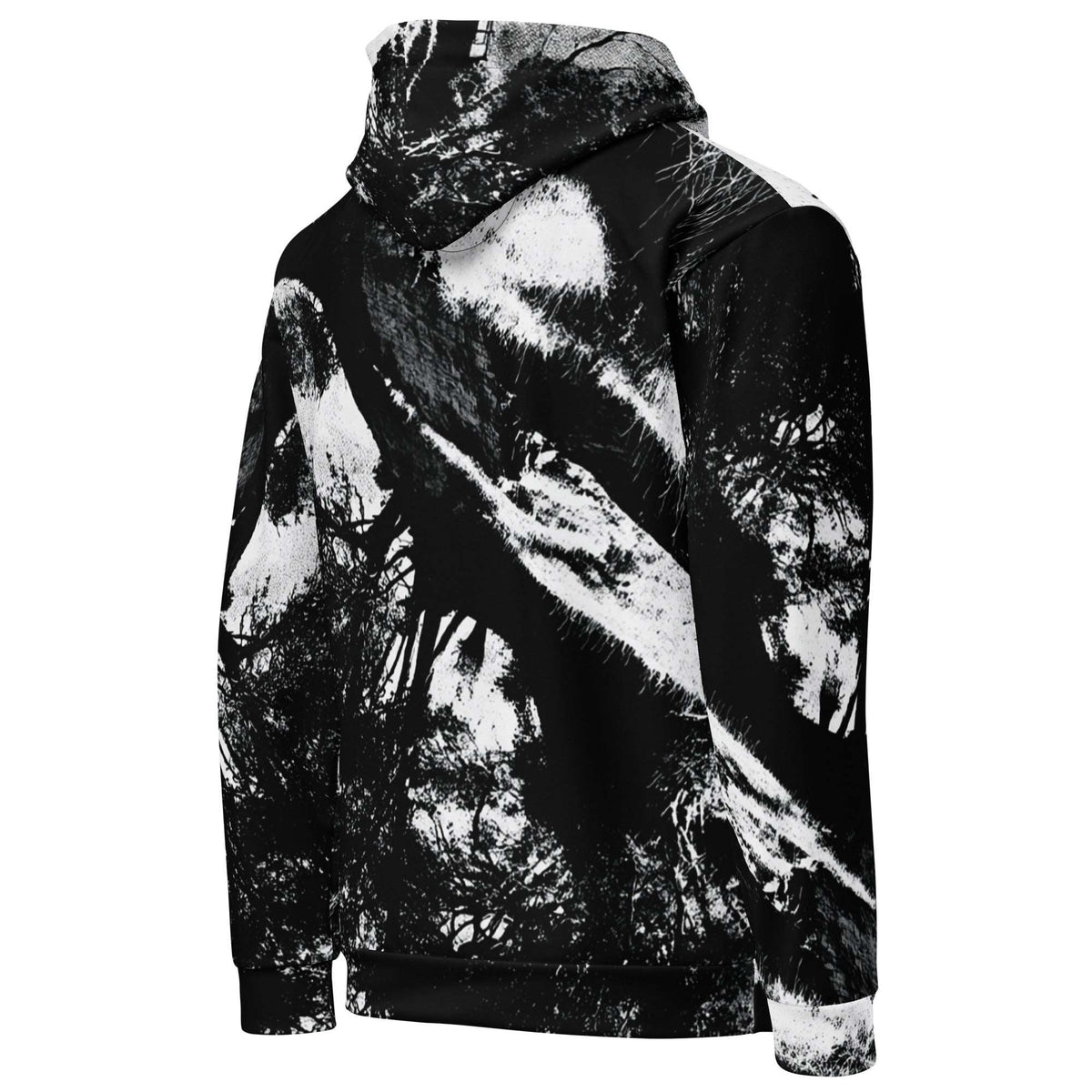 A black and white hooded sweatshirt with an abstract, high-contrast brushstroke or tree-like print, shown from the back on a plain white background.