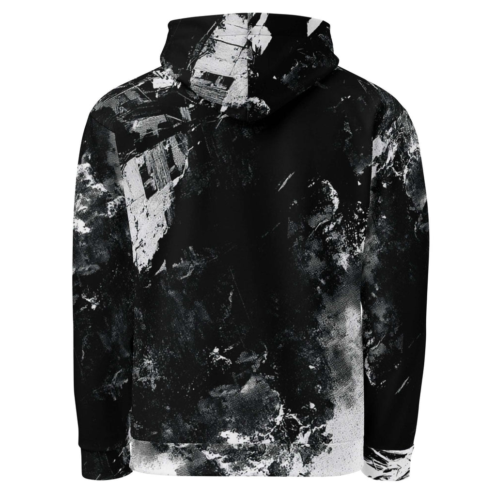 A black and white hoodie featuring an all-over abstract print of crumbling buildings and debris, shown from the back on a solid white background.