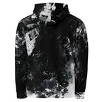 A black and white hoodie featuring an all-over abstract print of crumbling buildings and debris, shown from the back on a solid white background.