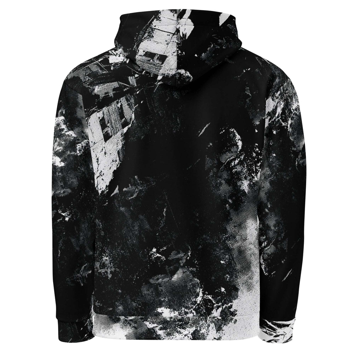 A black and white hoodie featuring an all-over abstract print of crumbling buildings and debris, shown from the back on a solid white background.
