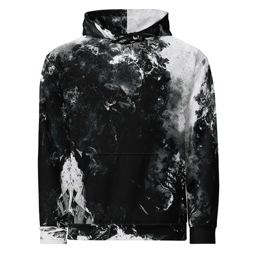 A long-sleeve pullover hoodie with a black and white abstract marble or paint-splatter print, shown against a plain white background.