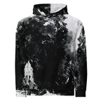 A long-sleeve pullover hoodie with a black and white abstract marble or paint-splatter print, shown against a plain white background.