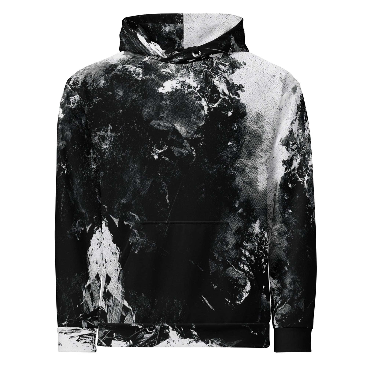 A long-sleeve pullover hoodie with a black and white abstract marble or paint-splatter print, shown against a plain white background.