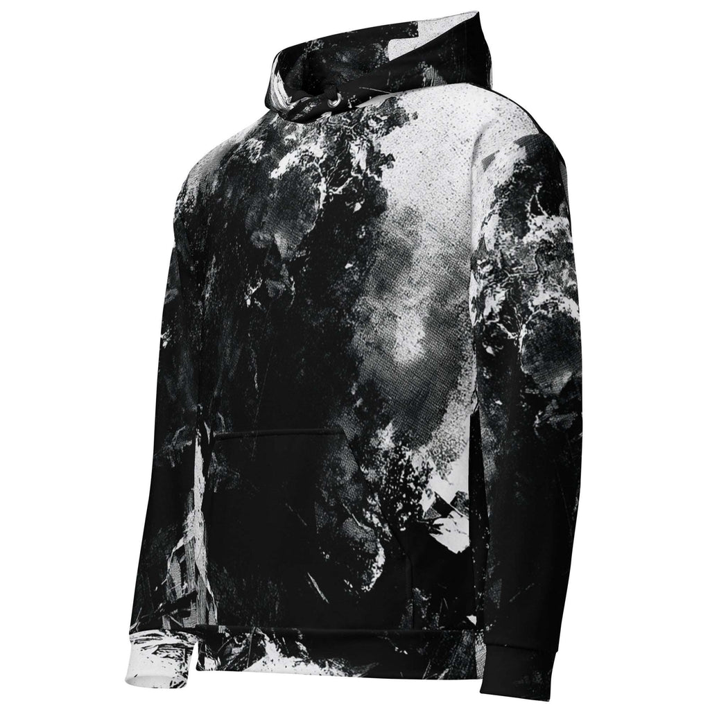 A black and white abstract print hoodie with a high collar, kangaroo pocket, and ribbed cuffs and hem, shown on a plain white background.