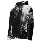 A black and white abstract print hoodie with a high collar, kangaroo pocket, and ribbed cuffs and hem, shown on a plain white background.
