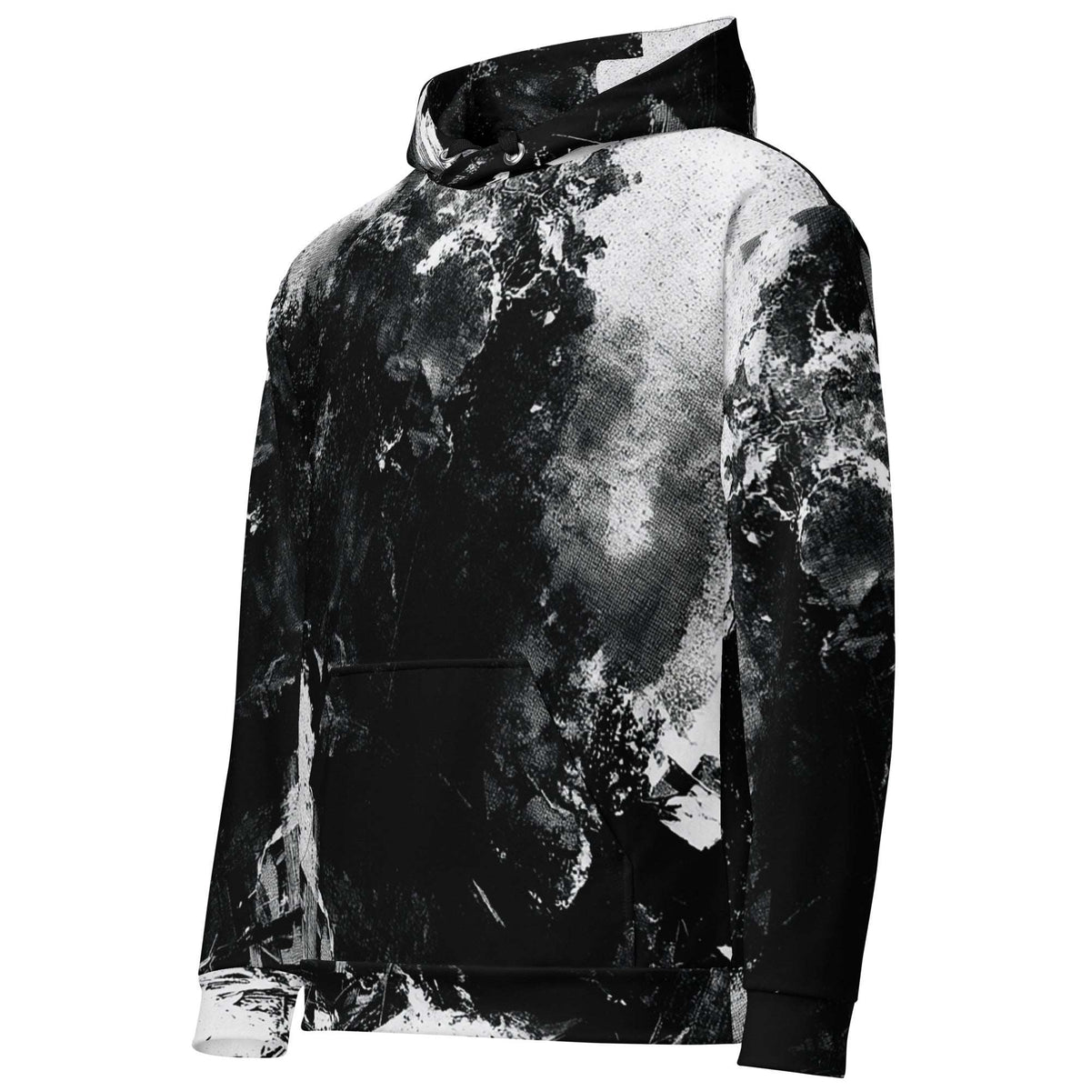 A black and white abstract print hoodie with a high collar, kangaroo pocket, and ribbed cuffs and hem, shown on a plain white background.