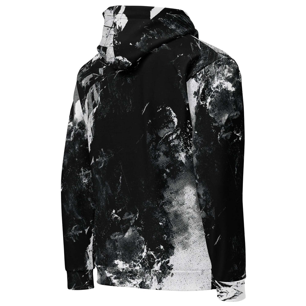 A black and white abstract print hoodie with a distressed, marble-like pattern, shown from a three-quarters angle against a plain white background.