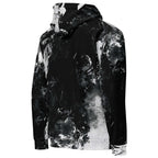 A black and white abstract print hoodie with a distressed, marble-like pattern, shown from a three-quarters angle against a plain white background.