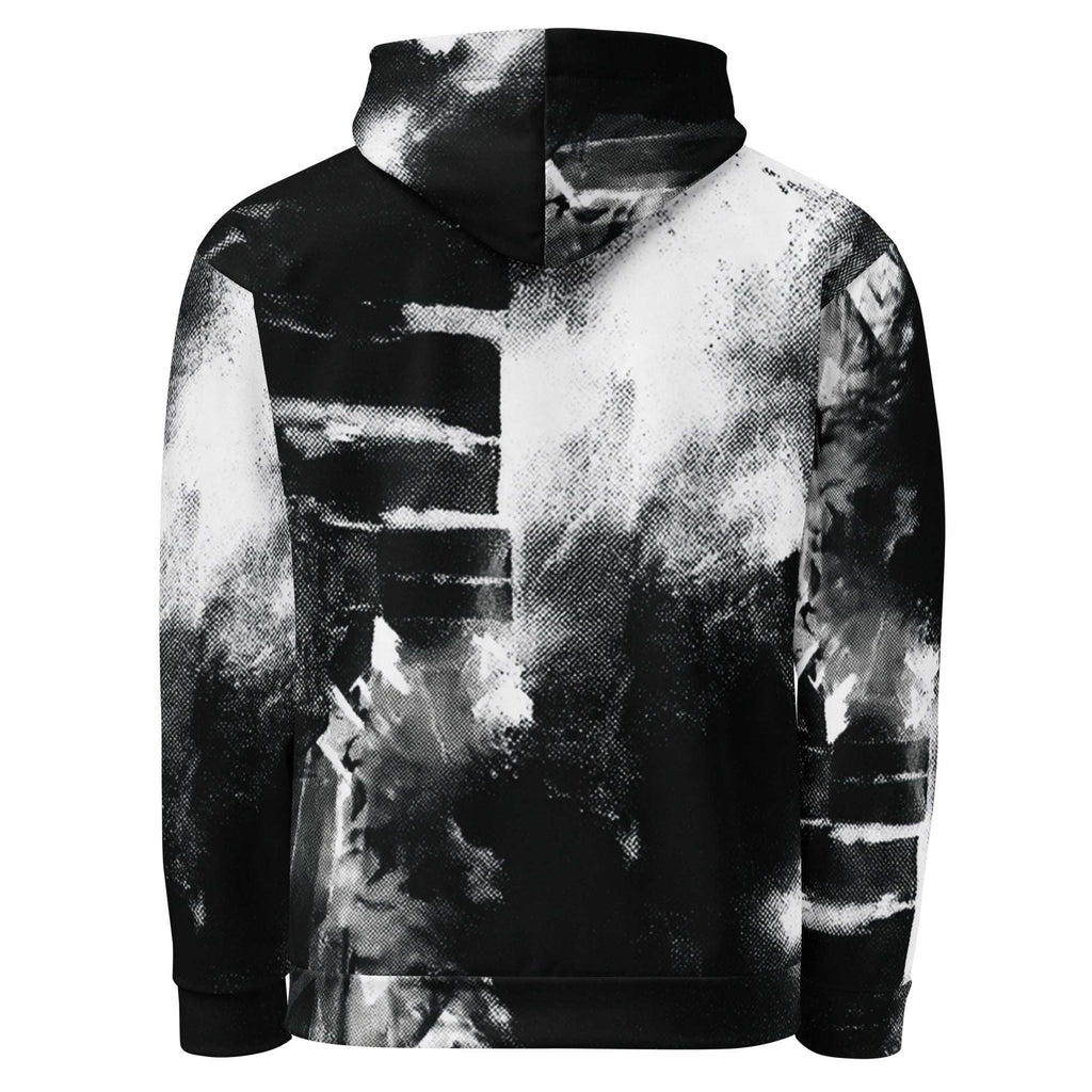 A black and white hoodie featuring an abstract, high-contrast splattered and smoky graphic print, shown against a plain white background.