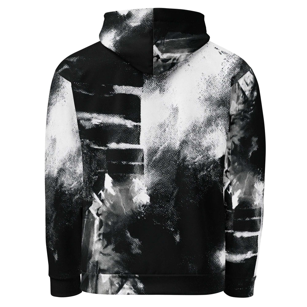 A black and white hoodie featuring an abstract, high-contrast splattered and smoky graphic print, shown against a plain white background.